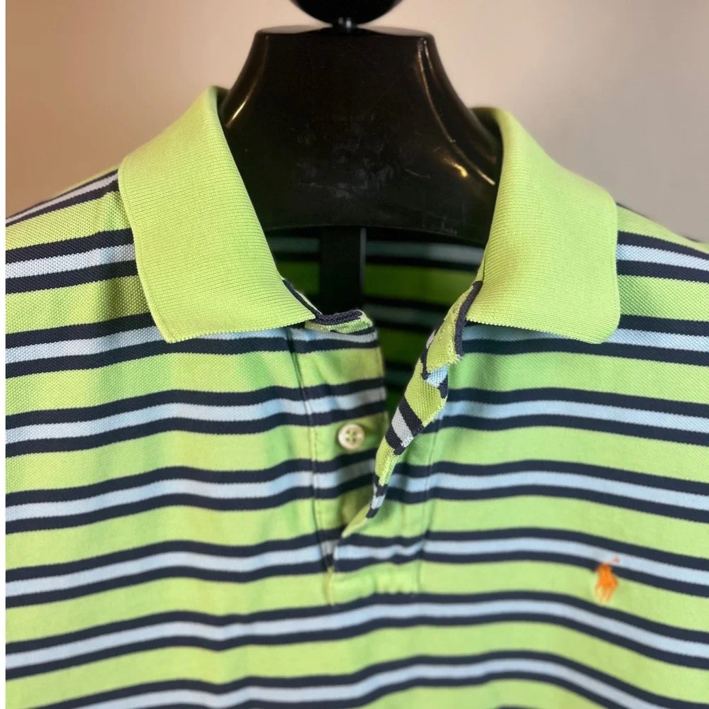 Polo Ralph Lauren Mens Large Lime Green Navy Blue Striped Cotton Polo Shirt L
